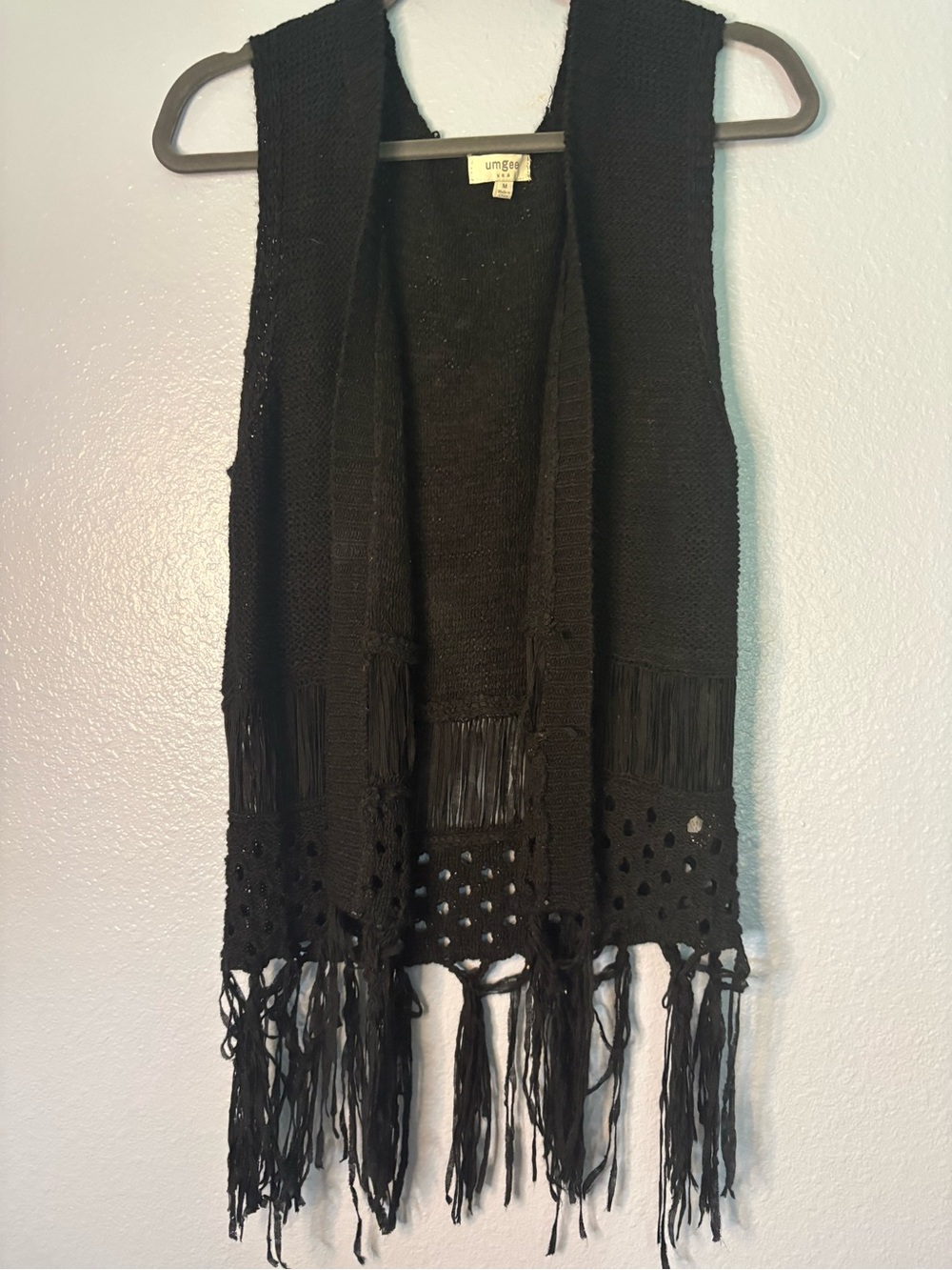 Umgee Black Long Knit Fringe Vest